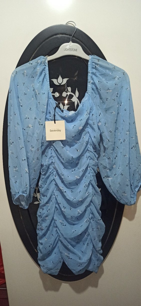 Mavi V Yakalı Uzun Kollu Kadın Elbise - Görsel 2