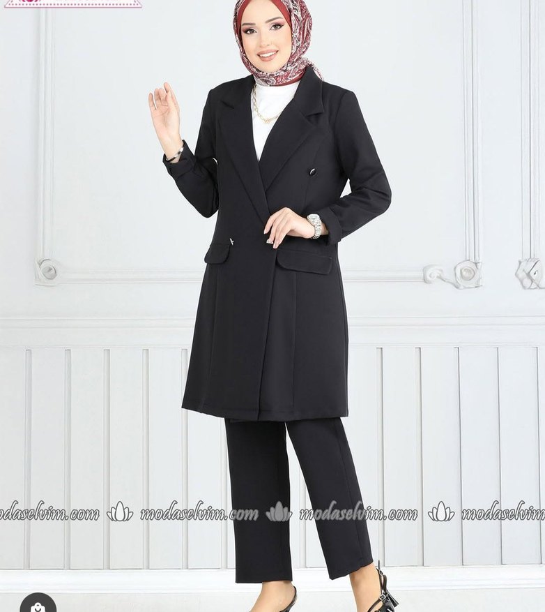 Kadın Siyah Uzun Kollu Düğmeli Takım tesettür - Görsel 3