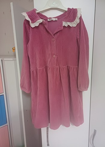 Düğmeli Pembe Kız Çocuk Elbise