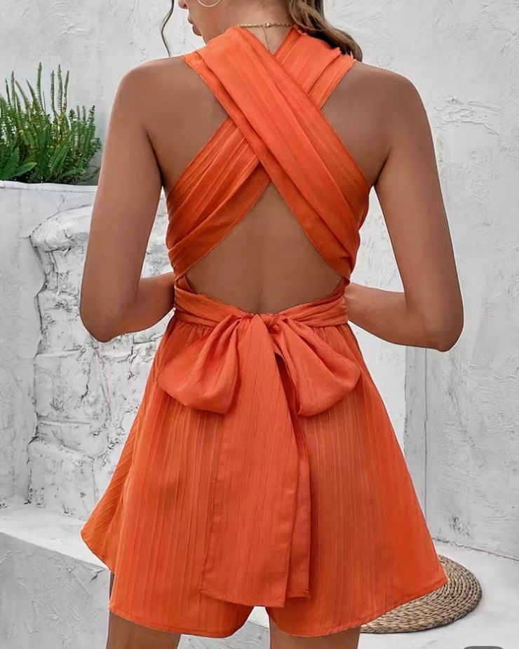 Kadın Turuncu Drapeli Mini Tulum - Görsel 2