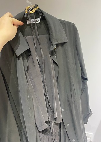 Gri Uzun Keten Kadın pileli takım - Görsel 2