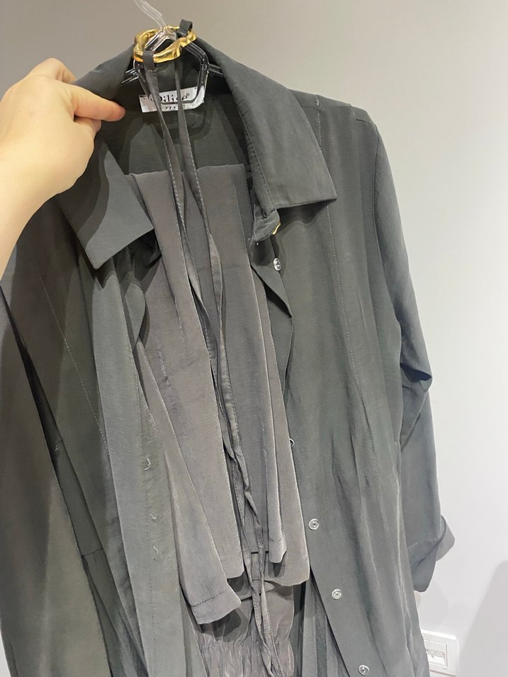 Gri Uzun Keten Kadın pileli takım - Görsel 2