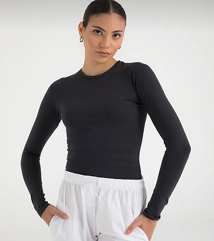 Cotton Yuvarlak Yaka Bluz Füme