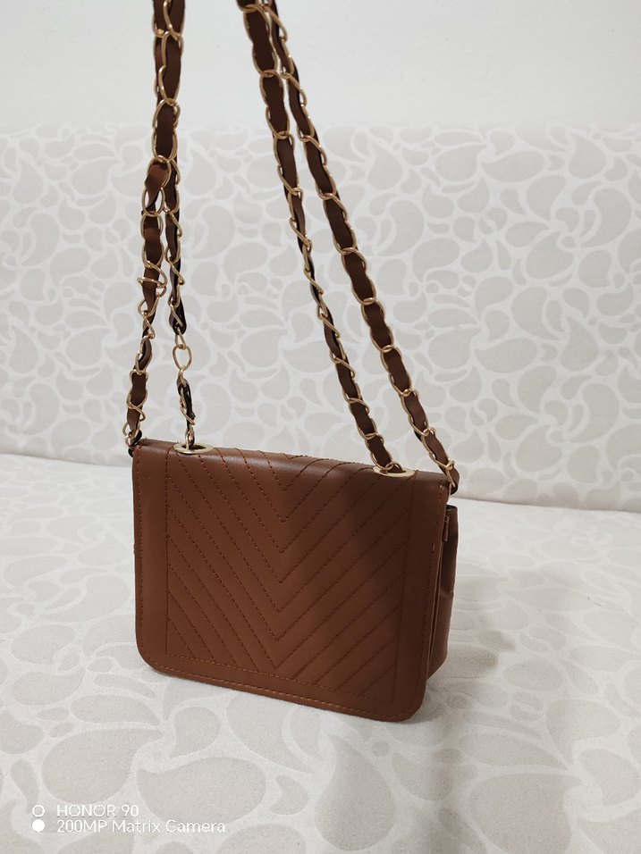 Zincir Detaylı Kahverengi Deri Kadın Çanta - Görsel 2