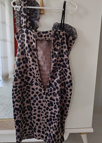 s Beden kahverengi Renk Leopar Desenli kısa Abiye Elbise