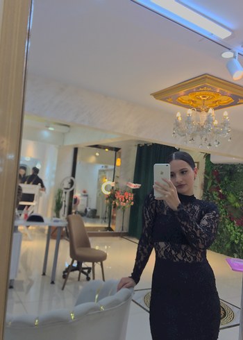 s Beden siyah Renk Siyah Dantel Detaylı Uzun Kollu Mini Elbise