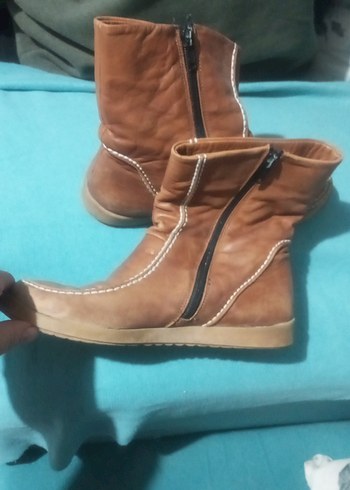 Bej Deri Dolgu Topuklu Kadın Bot - Görsel 2