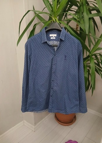 xl Beden Erkek Mavi Uzun Kollu Baskılı Denim Gömlek