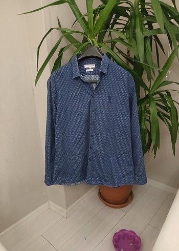 U.S Polo Assn. Erkek Mavi Uzun Kollu Baskılı Denim Gömlek