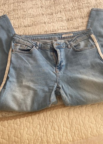 32 Beden mavi Renk Kadın Mavi Çizgili Kemerli Bol Kesim Jean