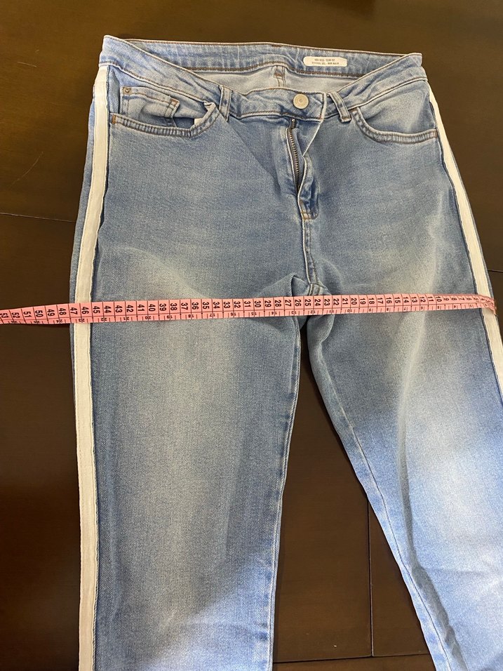 Mavi Çizgili Kadın Midi Kot Pantolon - Görsel 3