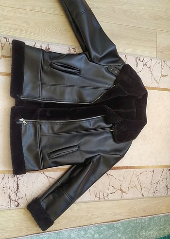 Siyah Kürklü Deri Biker Ceket