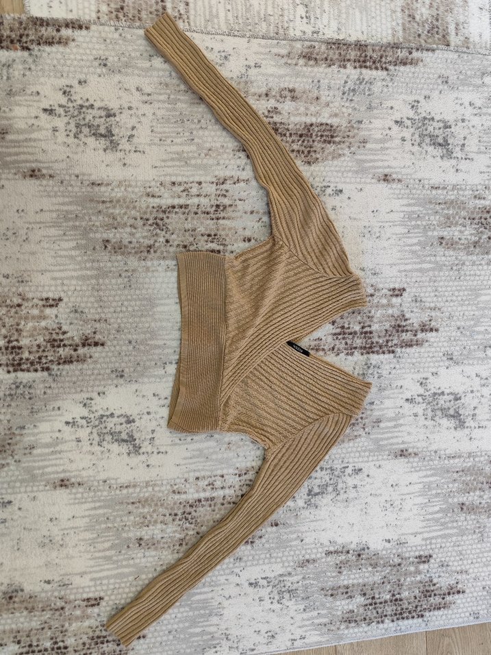 V Yaka Bej Örgü Kadın Kazak - Görsel 2