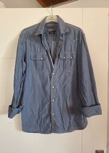 Düğmeli Mavi Denim erkek Gömlek