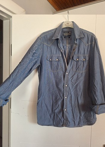 s Beden Düğmeli Mavi Denim erkek Gömlek