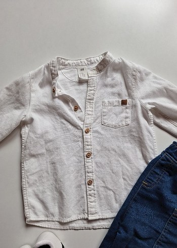 Beyaz Gömlek ve Mavi Kot Pantolon Bebek Takımı - Görsel 3