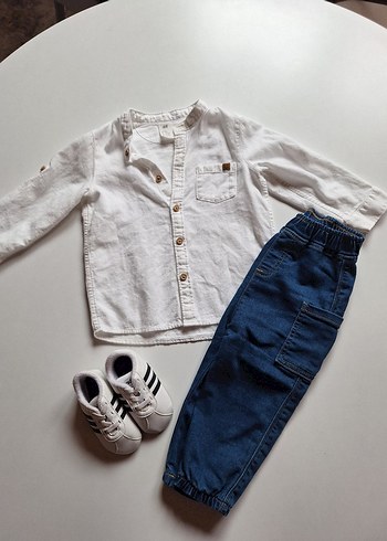 Beyaz Gömlek ve Mavi Kot Pantolon Bebek Takımı - Görsel 2