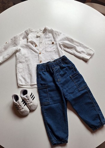Beyaz Gömlek ve Mavi Kot Pantolon Bebek Takımı - Görsel 5