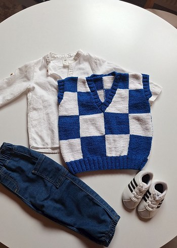 Erkek Çocuk Mavi Ekose Örgü Süveter - Görsel 6