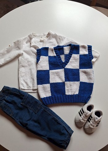 Erkek Çocuk Mavi Ekose Örgü Süveter - Görsel 3