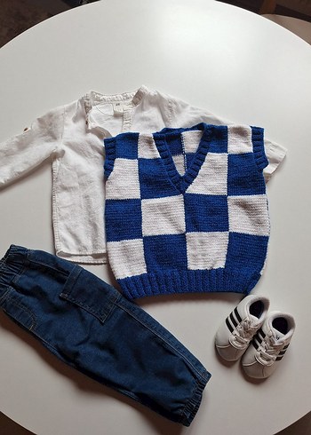 Erkek Çocuk Mavi Ekose Örgü Süveter - Görsel 4