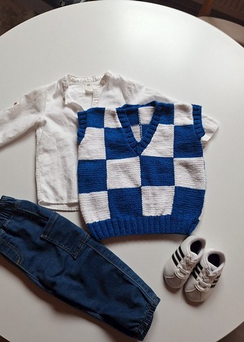 Erkek Çocuk Mavi Ekose Örgü Süveter - Görsel 2