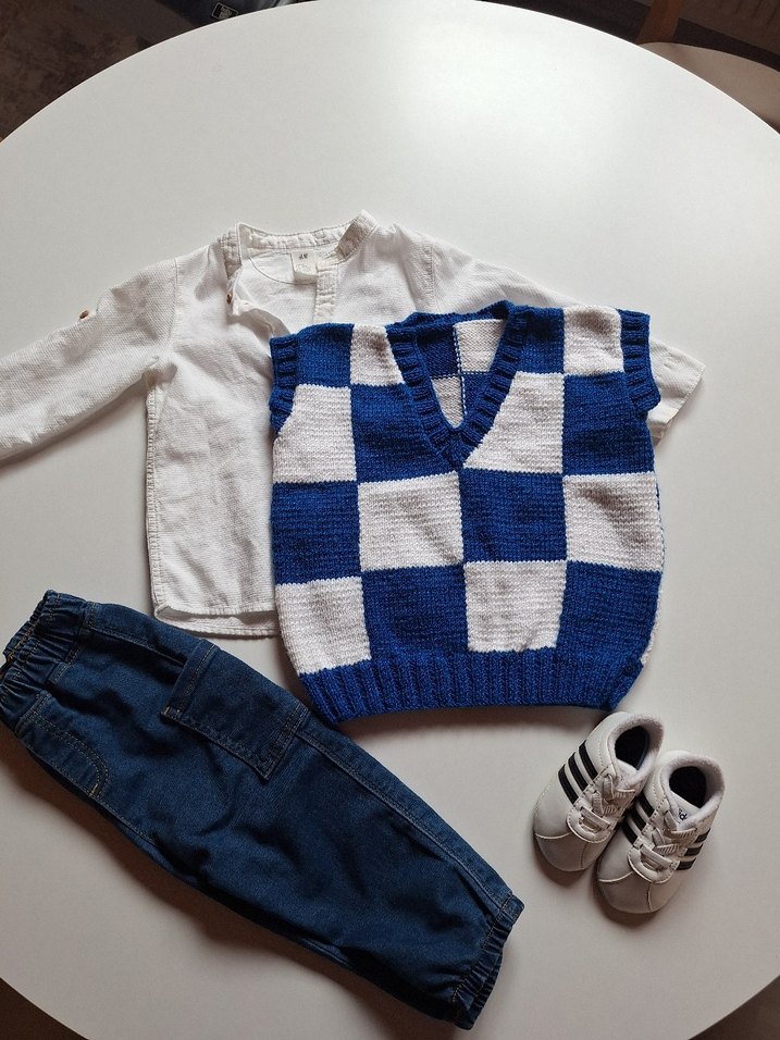 Erkek Çocuk Mavi Ekose Örgü Süveter - Görsel 3