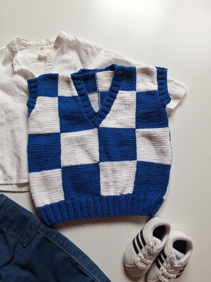 Erkek Çocuk Mavi Ekose Örgü Süveter - Görsel 5
