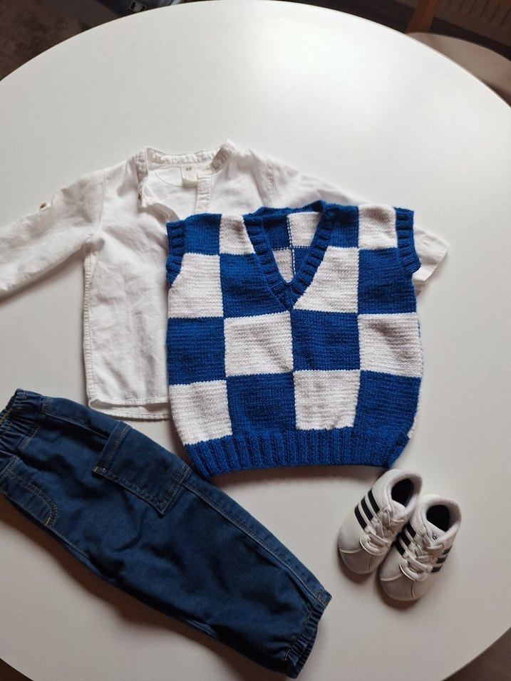 Erkek Çocuk Mavi Ekose Örgü Süveter - Görsel 2