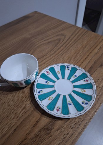 Turkuaz Çiçekli Porselen Fincan ve Tabak - Görsel 2