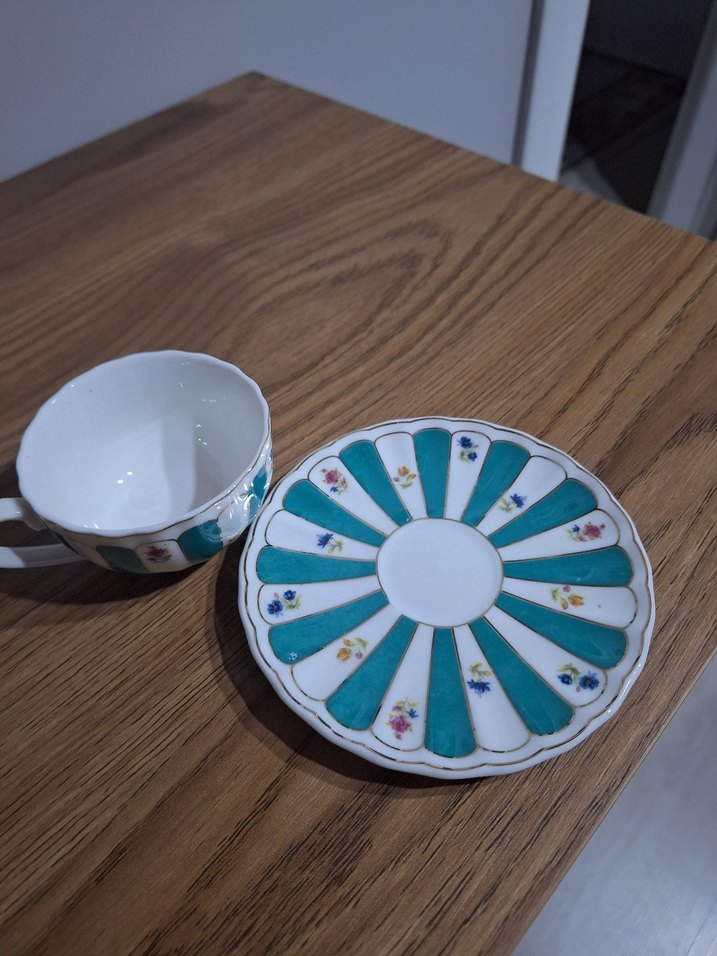 Turkuaz Çiçekli Porselen Fincan ve Tabak - Görsel 2