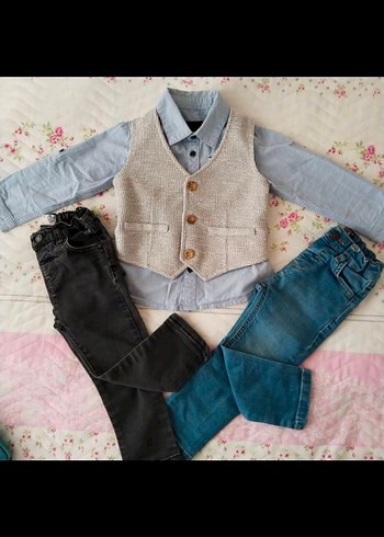 Gri Düğmeli Denim Çocuk takım