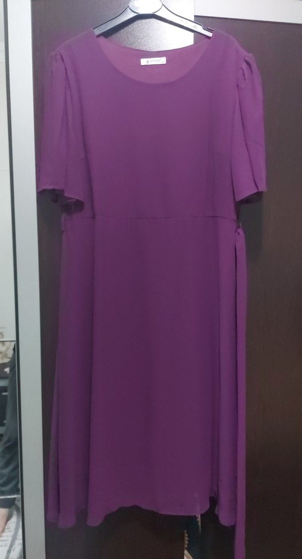 Mor Uzun Kollu Midi Elbise - Görsel 4