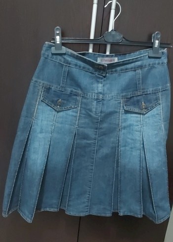 42 Beden Kadın Mavi Kot Pilili Mini Etek