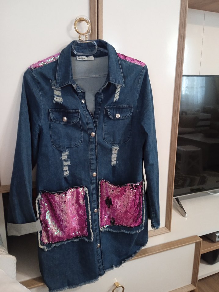 Pullu Mini Kadın Denim Ceket - Görsel 2