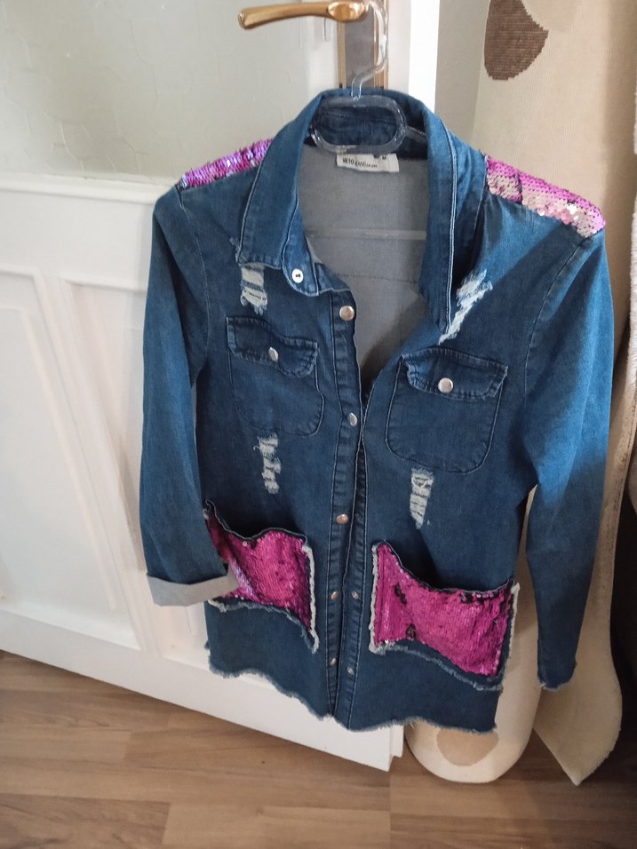 Pullu Mini Kadın Denim Ceket - Görsel 3