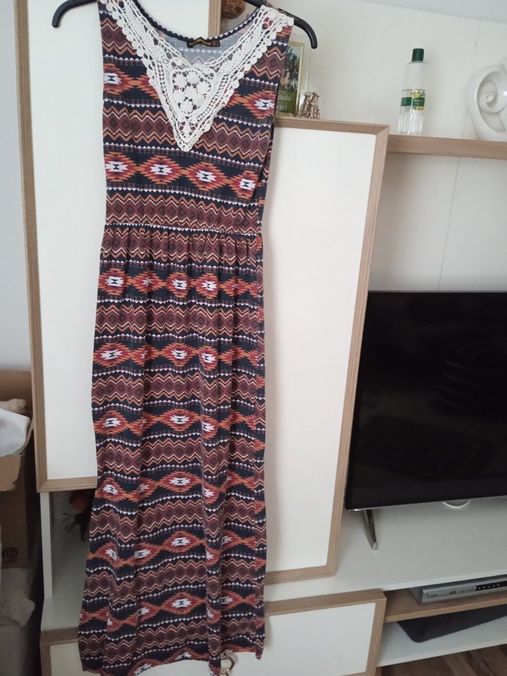 Dantel Detaylı Bohem V Yakalı Uzun Elbise - Görsel 2