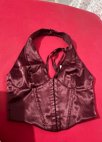 Bordo Parlak Saten Halter Yaka Bustiyer