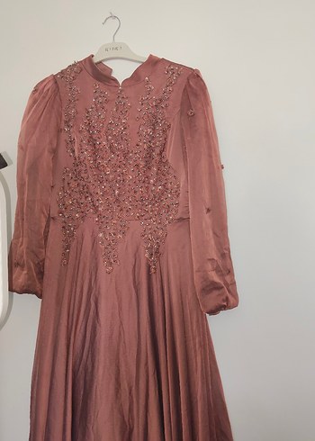 kahve Vintage Nakışlı Uzun Abiye Elbise