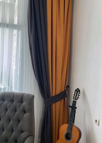 Modern Klasik Çizgili hardal ve  Gri Perde - Görsel 2