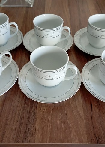 Gri Detaylı Beyaz Porselen çay Fincanı Seti