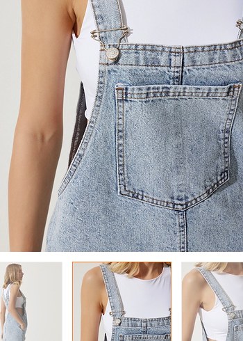 Mavi Denim Midi Salopet Elbise - Görsel 4