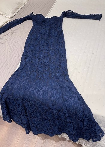 Lacivert Dantelli Uzun Abiye Elbise - Görsel 2