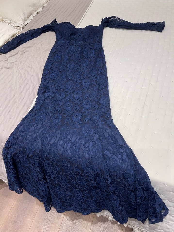 Lacivert Dantelli Uzun Abiye Elbise - Görsel 2