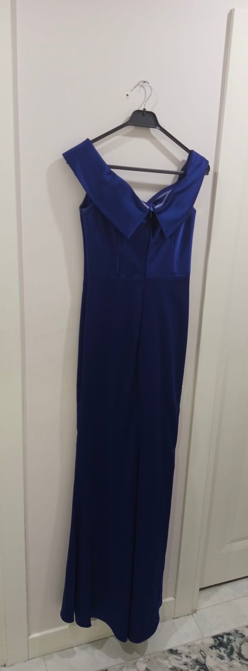 Kadın Mavi Uzun Drapeli Abiye Elbise - Görsel 2