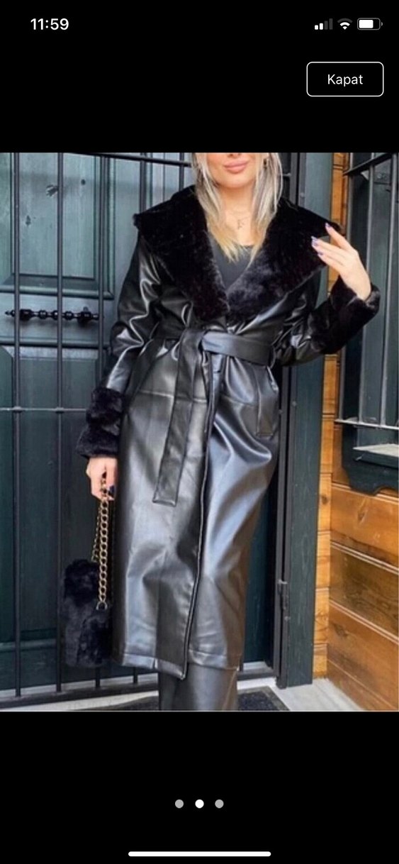 Kürklü Siyah Deri Uzun Kadın Trençkot - Görsel 2