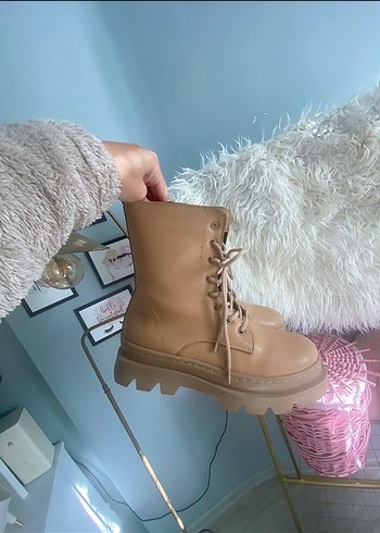 Bej Deri Platform Topuklu Kadın Bot - Görsel 3