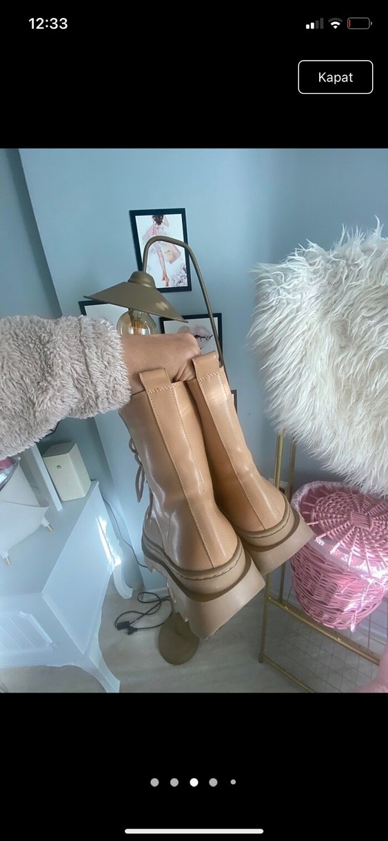 Bej Deri Platform Topuklu Kadın Bot - Görsel 4