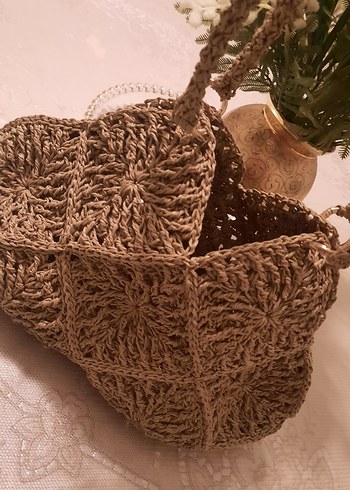 Beden Dantel Detaylı Bej Örgü Kadın Çanta