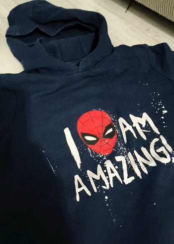 Erkek çocuk  Kapüşonlu Koyu Mavi Baskılı Sweatshirt - Görsel 4